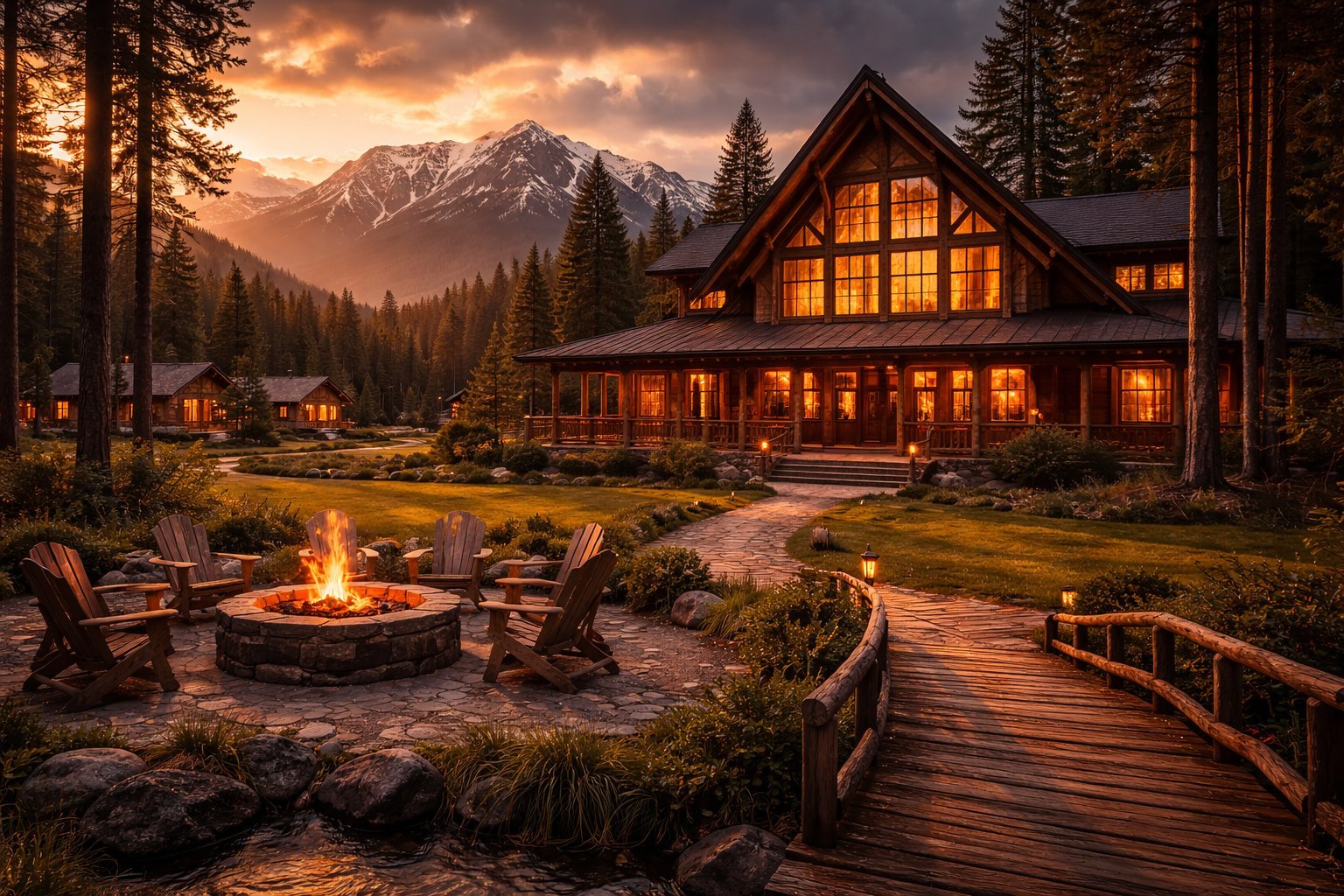 Cabin village with lodge and mountains
