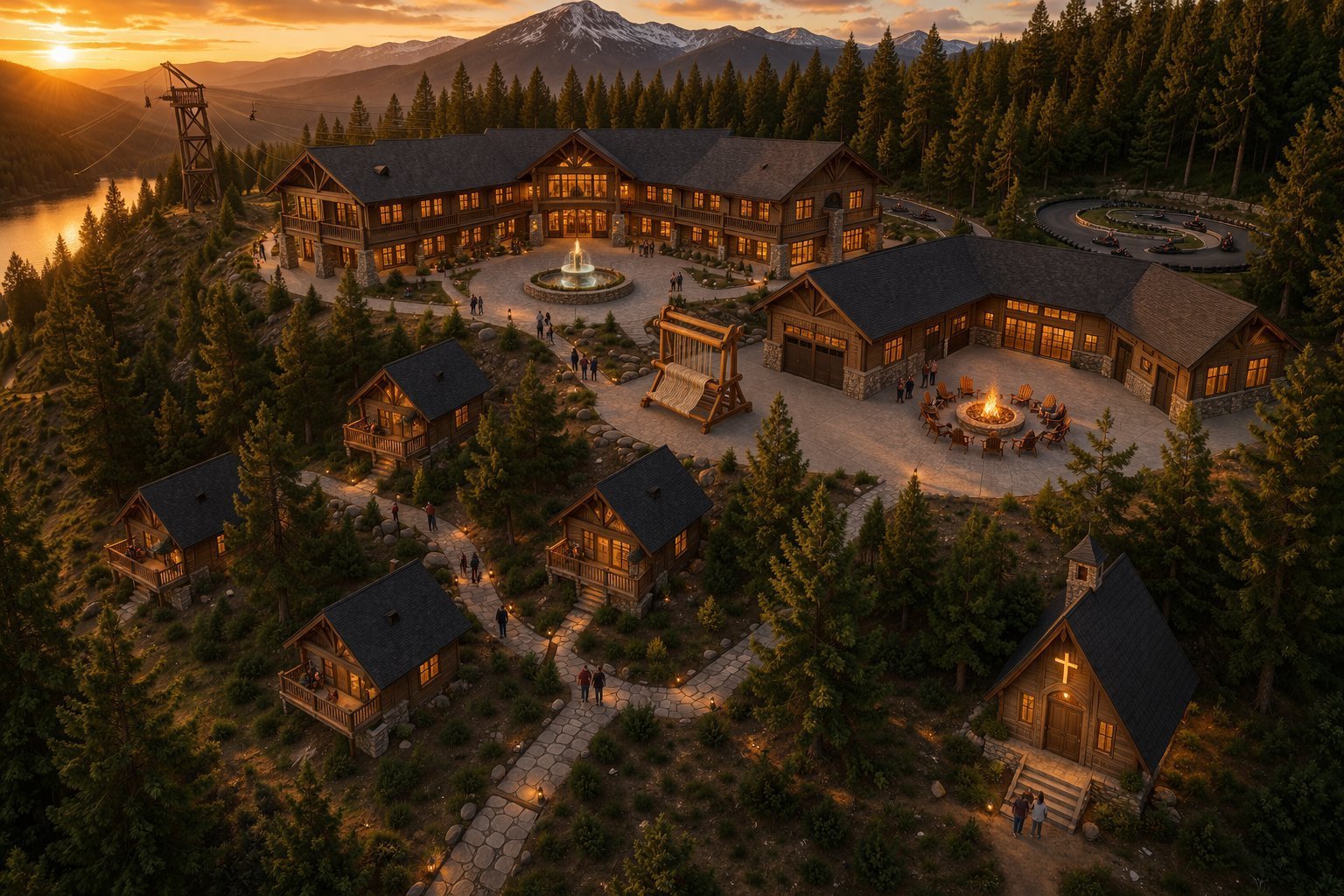 Streams of Life retreat campus aerial view at dusk