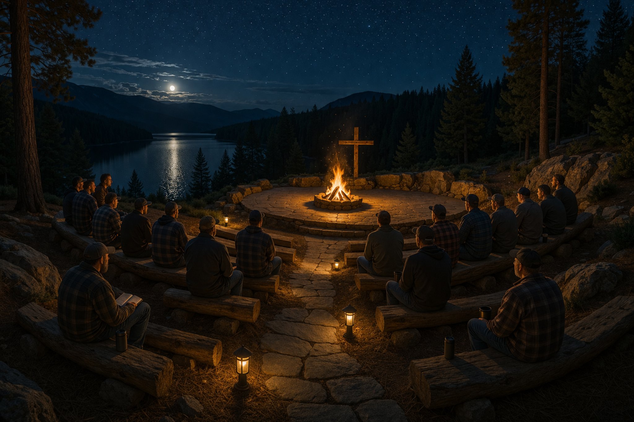 Men gathered around fire pit under stars with cross
