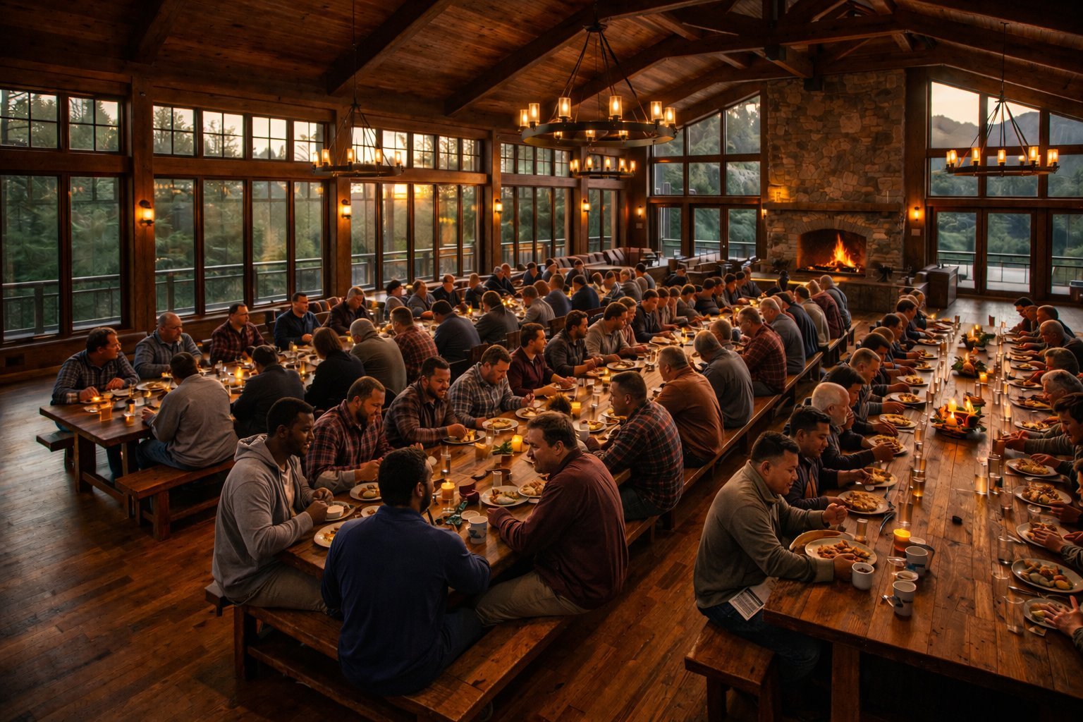 Men gathered for dinner in the Great Hall