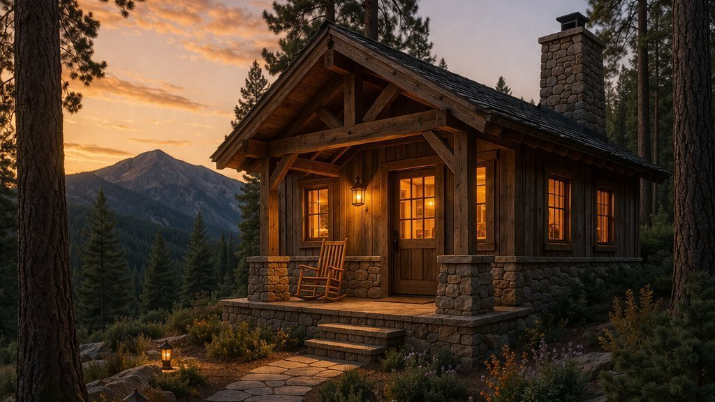 Guest cabin with stone path and lanterns at dusk