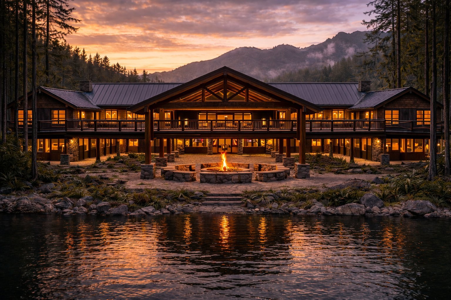 Lodge and fire pit at lakeside, dusk