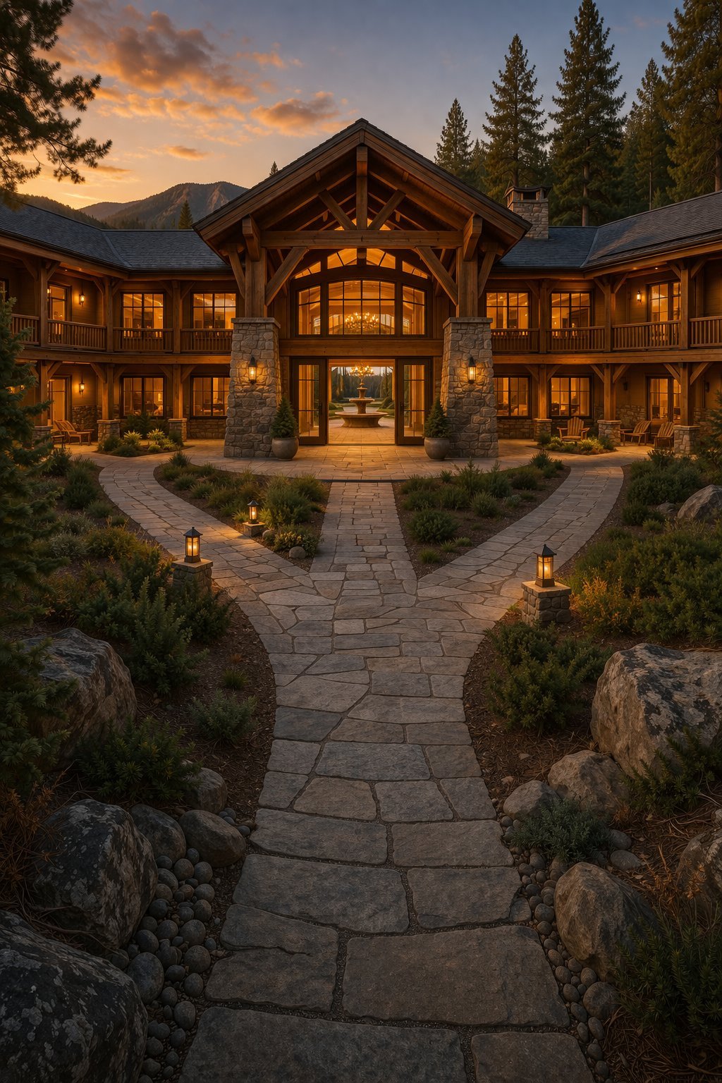 Trinity Lodge entrance walkway at golden hour