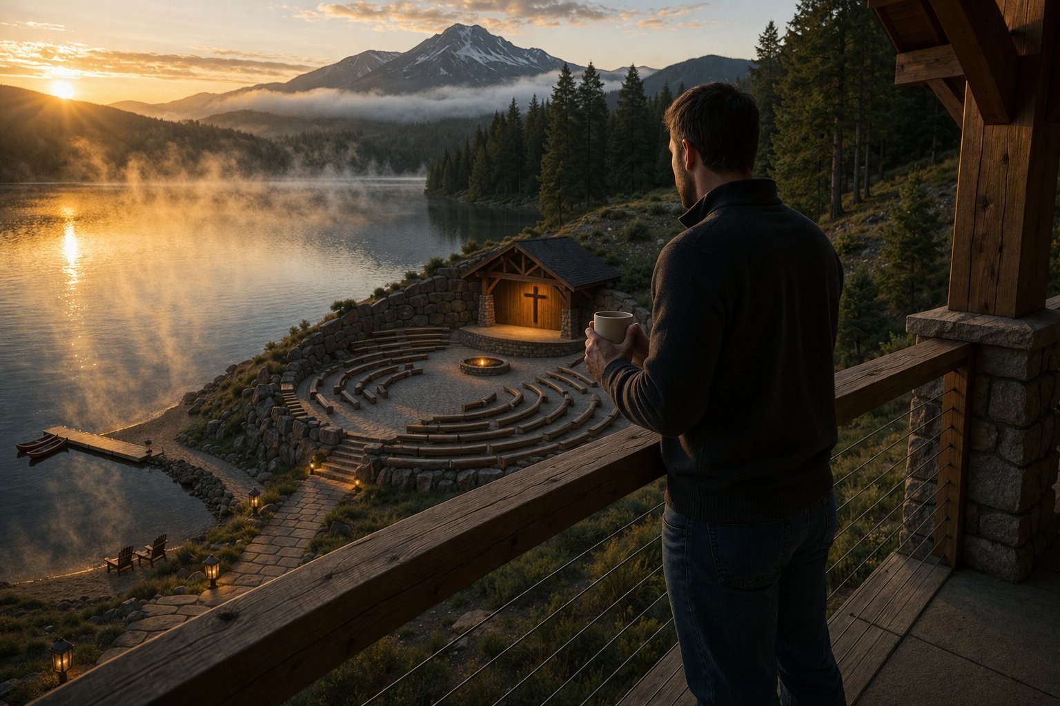 Man standing on cabin porch overlooking waterfront chapel at sunrise