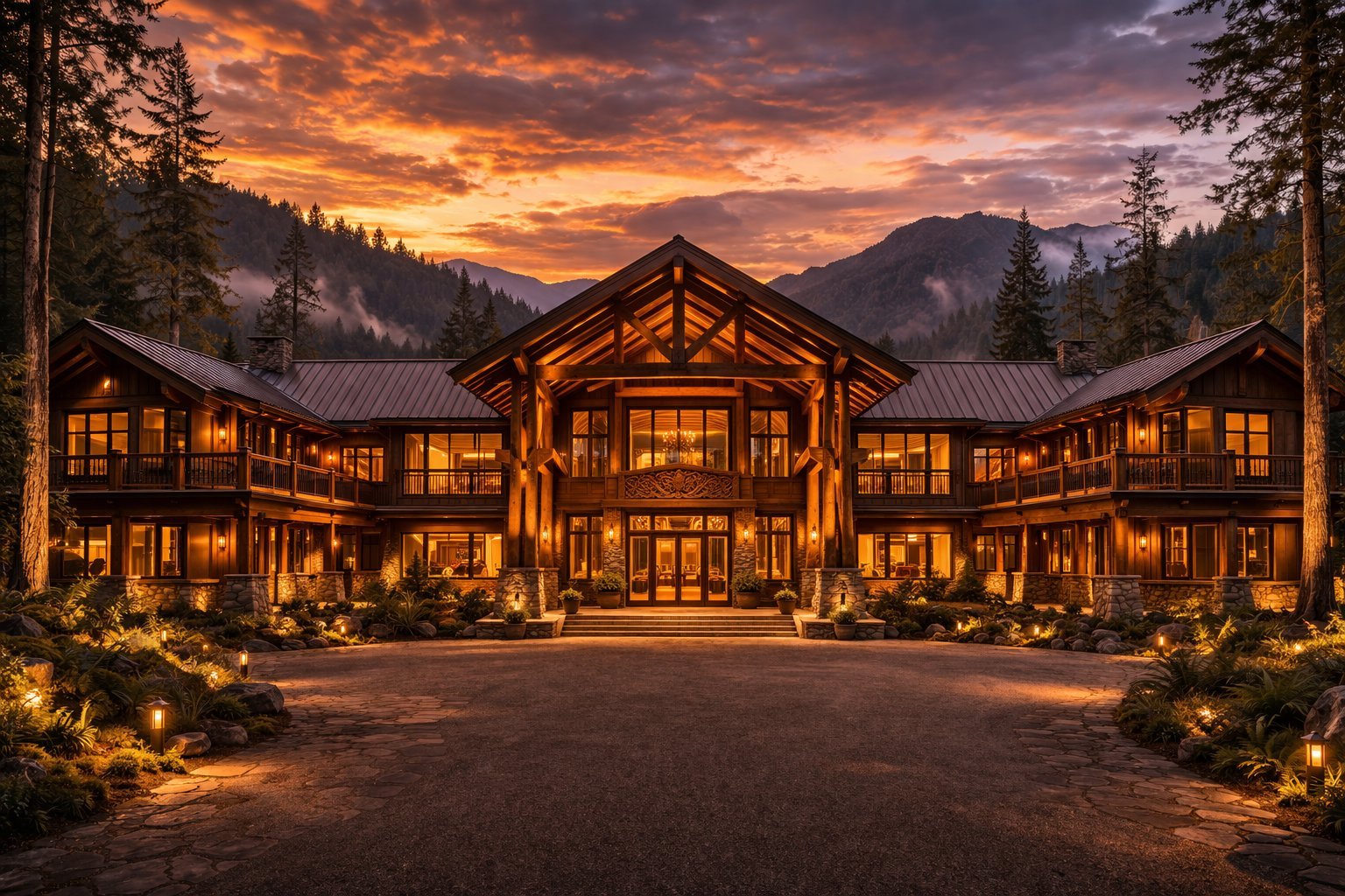 Trinity Lodge front entry at golden hour